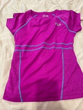 FILA Fuchsia Athletic V-Neck Top with Light Blue Trim